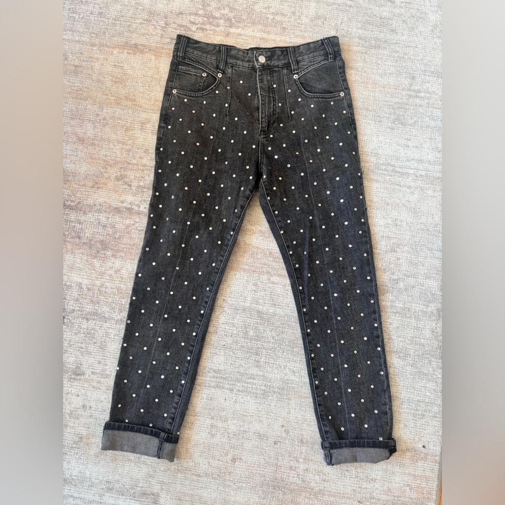Anthropologie Pilcro High Rise Slim Black Jeans with rhinestone Dots size 28